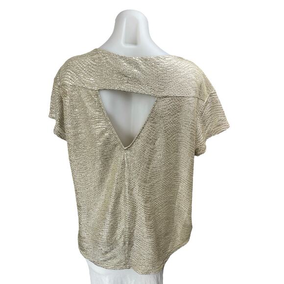 BCBGeneration Womens Beige Metallic Short Sleeve Cutout Blouse Shirt Top Size S - Picture 2 of 4